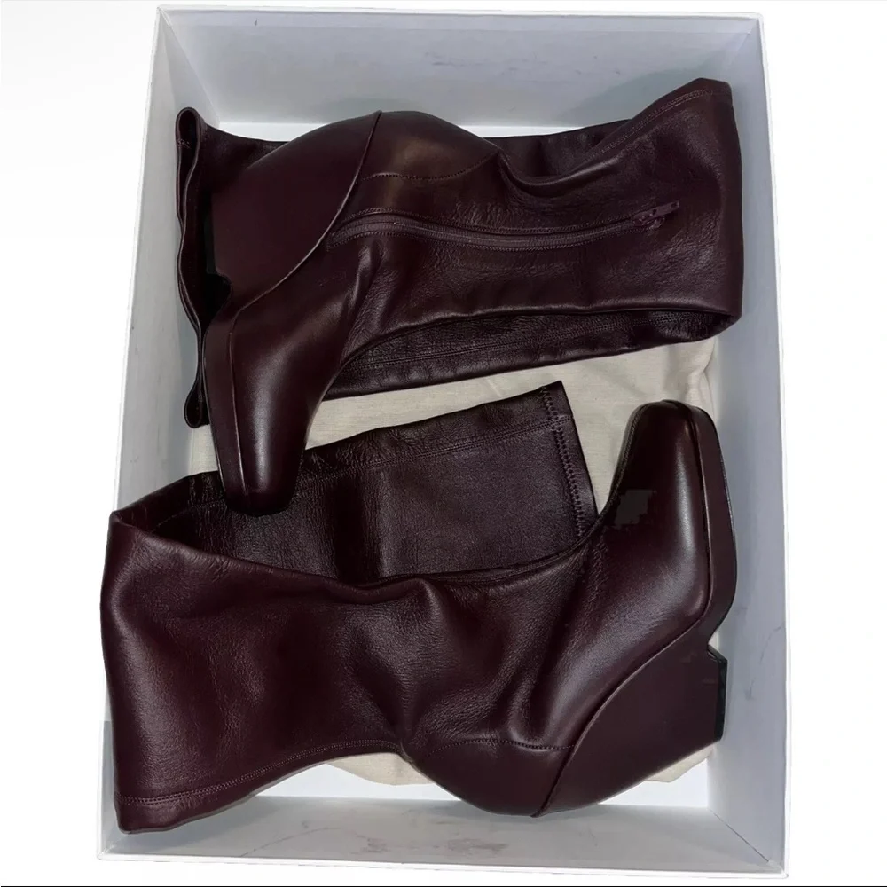 Khaite Red Over Knee Boots Leather Burgundy OTK 7.5 Stretch Wedge Heel NIB 🟡
